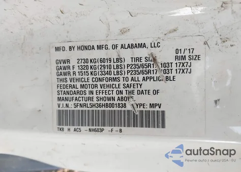 2017 Honda Odyssey Se z USA, uszkodzony, nr VIN 5FNRL5H36HB001838